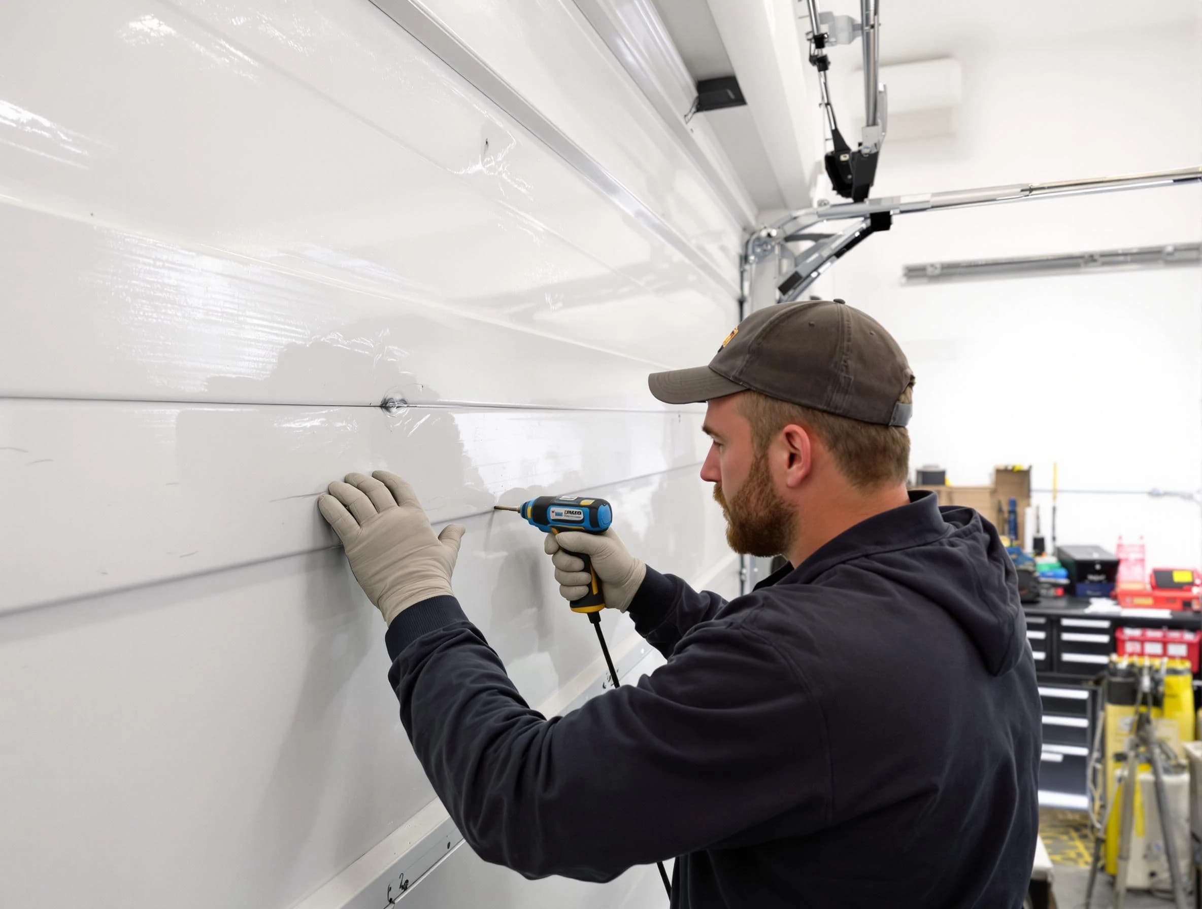 Paradise Valley Garage Door Repair technician demonstrating precision dent removal techniques on a Paradise Valley garage door